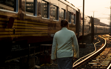 Traveller in blue shirt boarding vintage train carriage at Amanjiwo.