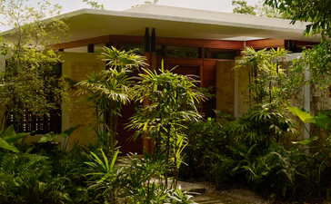 Exterior accommodation pavilion at Amanera resort, surrounded by lush tropical vegetation and a manicured lawn.