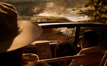 Safari vehicle view at Aman-i-Khas with golden light illuminating the Indian landscape ahead.