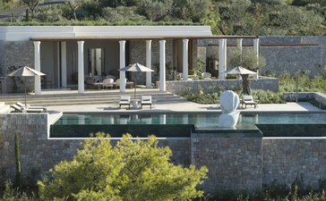 Villa with infinity pool overlooking the Aegean at Amanzoe resort, Greece.