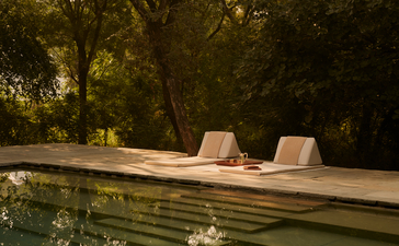 Swimming pool with wooden deck and two chairs at Aman-i-Khas, India, framed by trees.