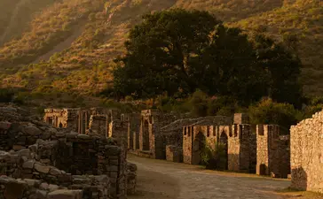 Gateway and tree at Amanbagh, with village ruins and hills beyond in golden evening light.