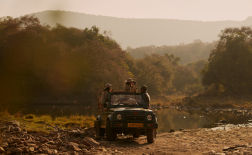 Safari vehicle navigating dusty terrain through forested landscape at Aman-i-Khas, India.