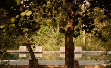 Wooden deck framed by tree branches overlooking a tranquil water feature at Aman-i-Khas.