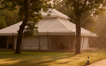 Wooden pathway leading towards a canvas tent at Aman-i-Khas, framed by trees at golden hour.