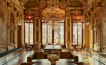 Gilded ballroom at Aman Venice with crystal chandelier and ornate architectural details.