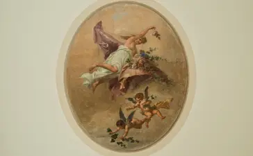 Fresco detail of a bird perched on flowering branches in Coccina's Apartment bedroom at Aman Venice.