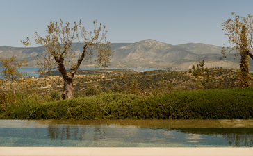 Pool pavilion overlooking olive groves and mountains at Amanzoe.