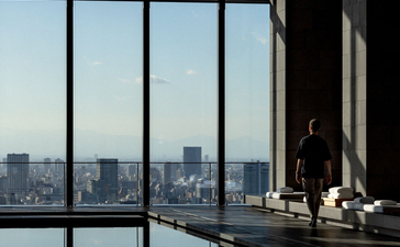 Autumn view of Tokyo cityscape through floor-to-ceiling windows at Aman Tokyo, with plunge pool in foreground.