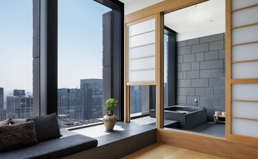 Bathroom with floor-to-ceiling windows overlooking Tokyo's skyline at Aman Tokyo hotel.