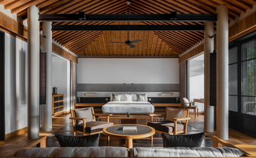 Three-bedroom ocean pool family residence at Amanoi with open-plan living area overlooking Vietnam coastline.