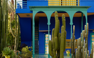安缦珍纳度假村的蓝色建筑，周围环绕柱状仙人掌和反射池。