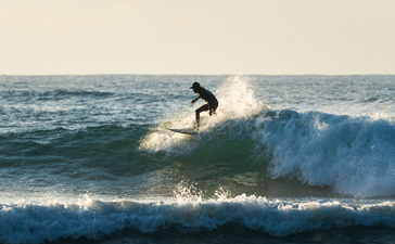 Surfer riding a wave at Amanwella's surfing beach in Sri Lanka.