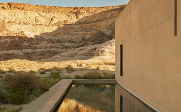 Girijaala Suite reflection pool overlooking desert landscape at Amangiri resort, Utah.