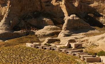 Aerial view of Amangiri resort nestled within desert terrain, Utah, USA.