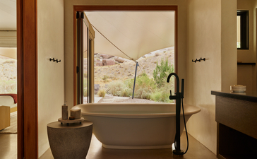 Spa pavilion bathtub with desert views at Amangiri, Utah.