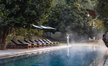 Heated infinity swimming pool at Aman in Bhutan's Punakha Valley, lined with loungers beneath towering trees.