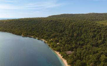 Aerial view of Amanwana's forested coastline meeting calm waters, with sandy beach below dense vegetation.