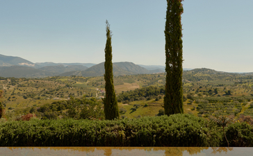 Pool pavilion at Amanzoe with cypress trees reflected in still water, Greek landscape beyond.