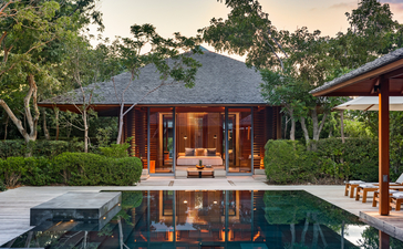 Five-bedroom beach sala villa at Amanyara with infinity pool overlooking tropical gardens.