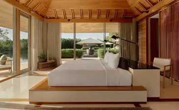 Principal bedroom with ocean views in a four-bedroom villa at Amanyara resort, Turks and Caicos.