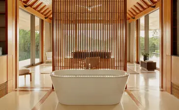 Vila de quatro quartos em Amanyara, resort em Turks e Caicos, com banheira central e acabamentos em madeira clara.