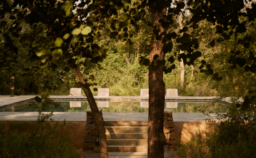 Reflection pool framed by tree trunks at Aman-i-Khas, India.
