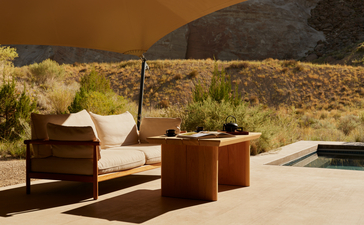 Breakfast pavilion exterior at Amangiri resort, with seating areas overlooking desert landscape.