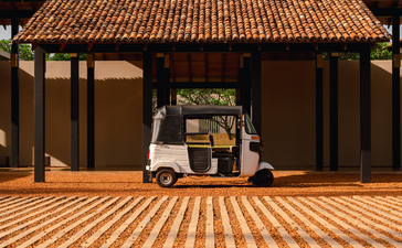 Vintage car parked beneath a wooden pavilion with terracotta roof at Amanwella, Sri Lanka.