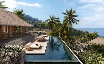 安缦丘澜度假村住宿，无边泳池俯瞰海景和棕榈树。