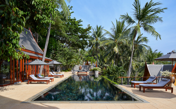 Terrace of a six-bedroom ocean villa at Amanpuri resort, overlooking a plunge pool and tropical gardens.