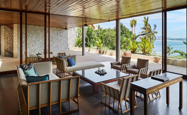 Terrace of a six-bedroom ocean villa at Amanpuri resort, with open-air seating and coastal views.