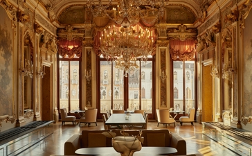Gilded ballroom at Aman Venice with ornate ceiling, crystal chandelier, and views across the lagoon.