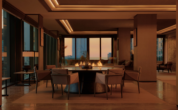 Aman Suite dining room at Aman Nai Lert Bangkok, with golden-hued walls, wooden furnishings, and city views.
