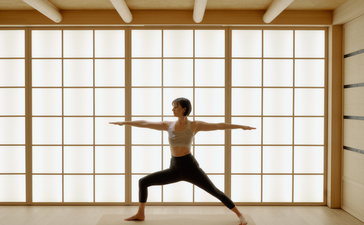 Personne en position de yoga guerrier devant les baies vitrées d'Aman Le Mélézin.