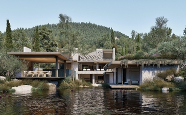 Waterfront pavilions and wooden structures at Aman Residences Bodrum, reflected in the calm lagoon waters.