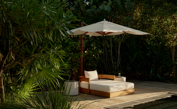 Villa jacuzzi with parasol and seating area at Amanyara resort, Turks and Caicos.