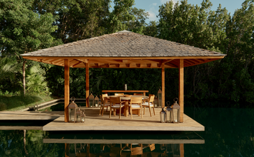 Wooden pavilion with dining area at Amanyara resort, Turks and Caicos.