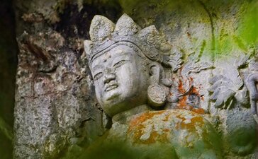 Stone carving of a serene face framed by lush green moss at Amanfayun, China.
