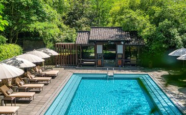 Amanfayun's rectangular swimming pool surrounded by loungers and lush greenery.