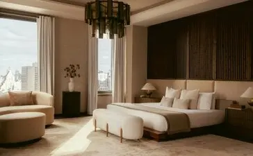 Camera da letto della suite con tre camere da letto e ufficio presso Aman New York, con letto beige, sedute accanto alle finestre e accenti in ottone.