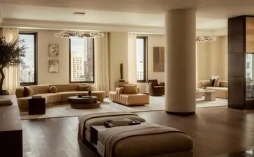 Spazioso soggiorno di una penthouse con area living e sala da pranzo presso Aman New York, arredata con divani neutri e ampi specchi.