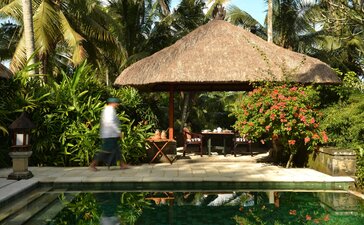 Thatched-roof pool villa at Amandari with stone platform, framed by tropical vegetation and clear sky.