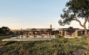 Aman Residences Amansanu exterior with poolside pavilion and manicured gardens at dusk.