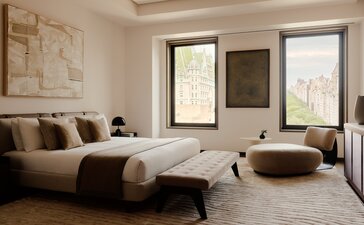 Three-bedroom home in Aman New York with principal bedroom featuring bed, seating area and windows overlooking the city.