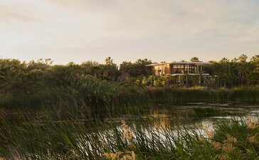 Elevated casita at Amanvari overlooking lush vegetation and waterways in Mexico.