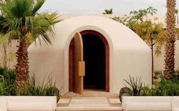 Amanvari spa entrance with curved white walls and wooden door, flanked by palm trees and stone steps in Mexico.