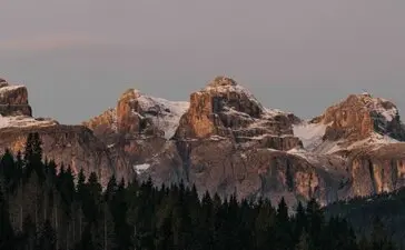 Alpine peaks of the Dolomites at dusk, near Aman Rosa Alpina, Italy.