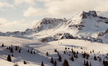 Skiers and snowboarders on snow-covered slopes at Aman Rosa Alpina resort, with snow-capped mountains in the distance.