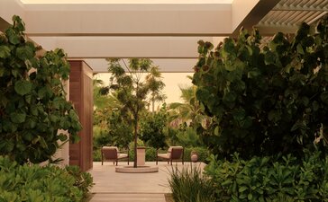 Estuary Casita arrival courtyard with climbing vines at Amanvari resort, Mexico.